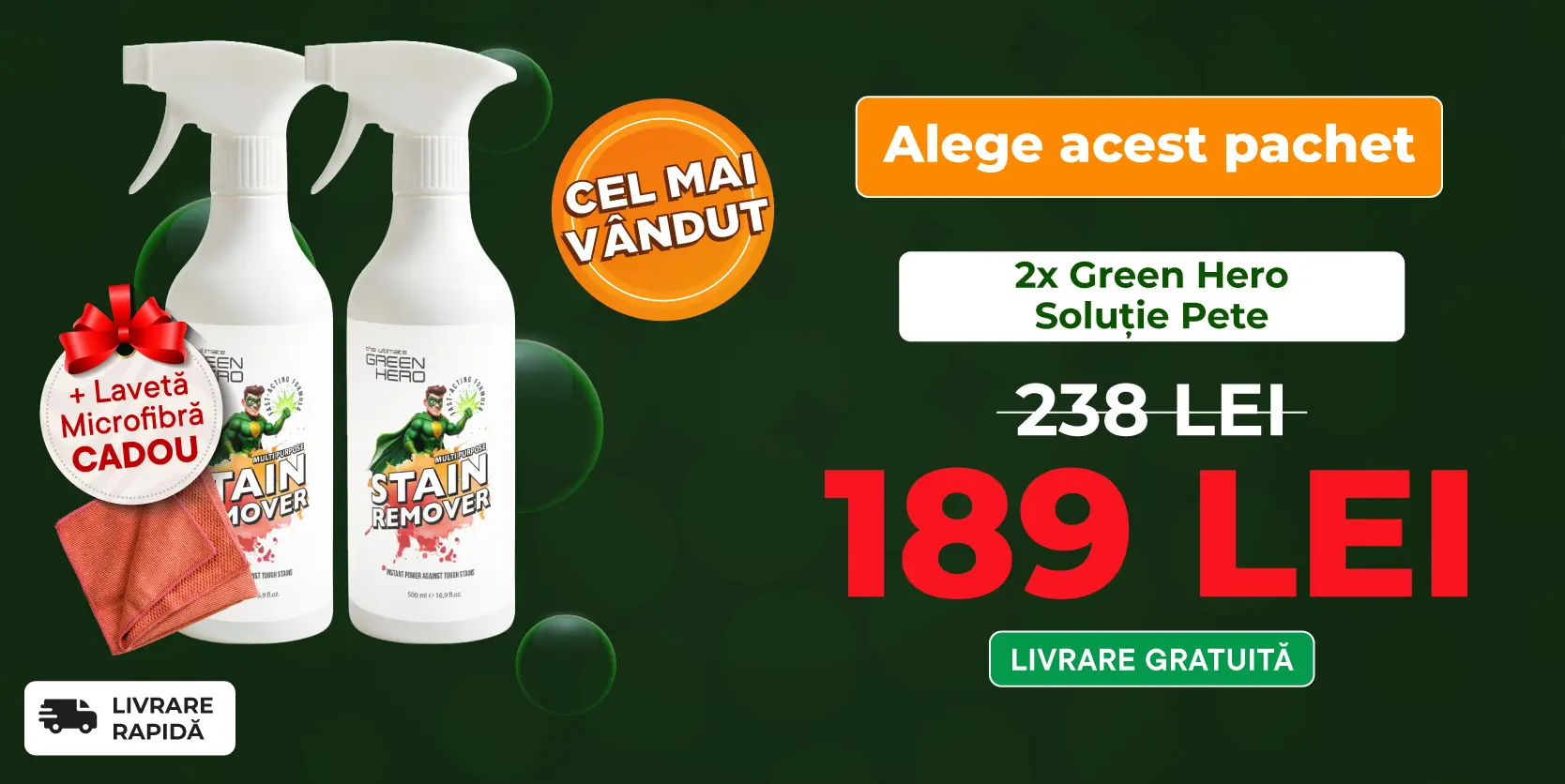 2 x Green Hero Stain Remover + Microfiber
