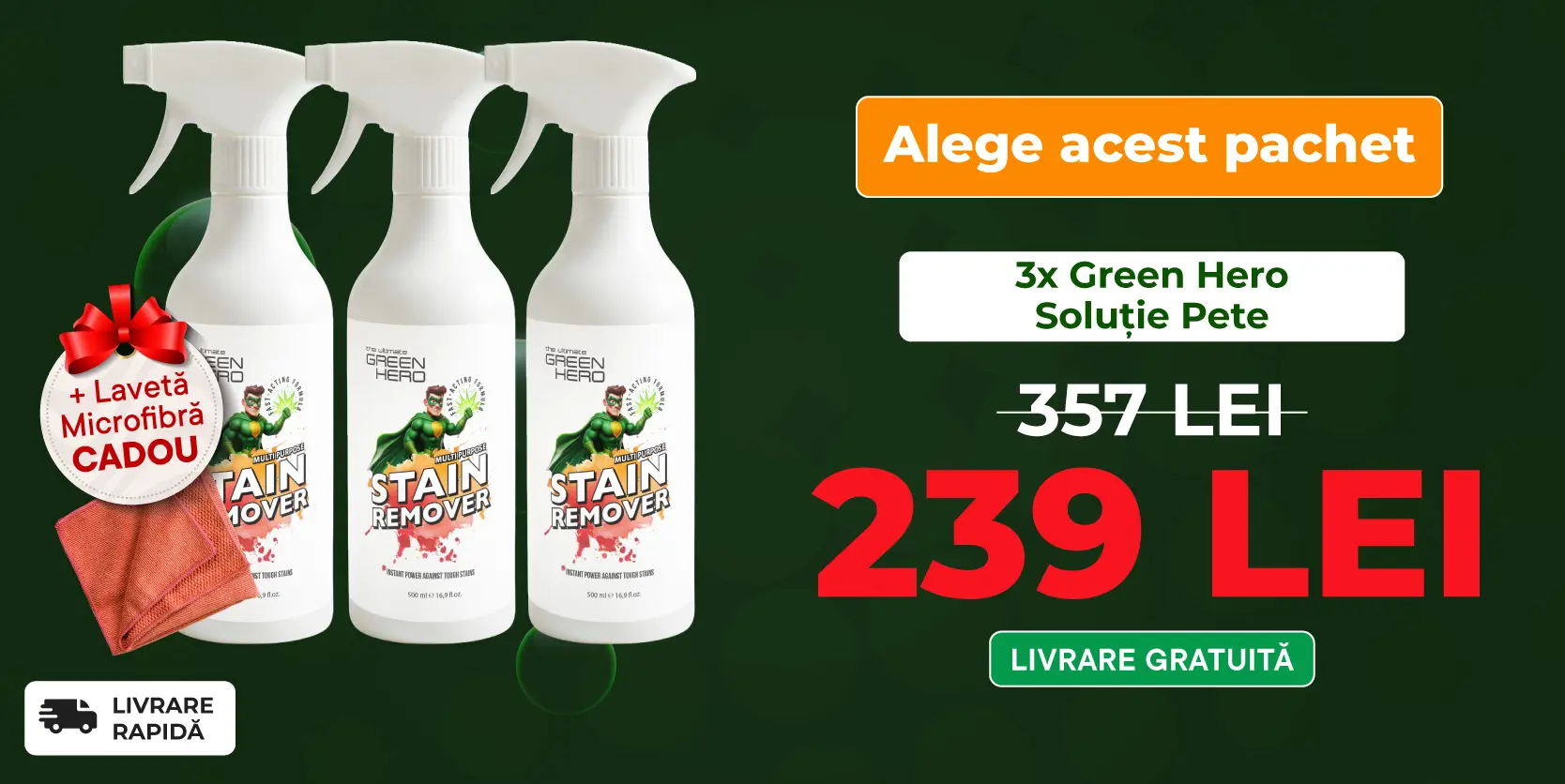 3 x Green Hero Stain Remover + Microfiber