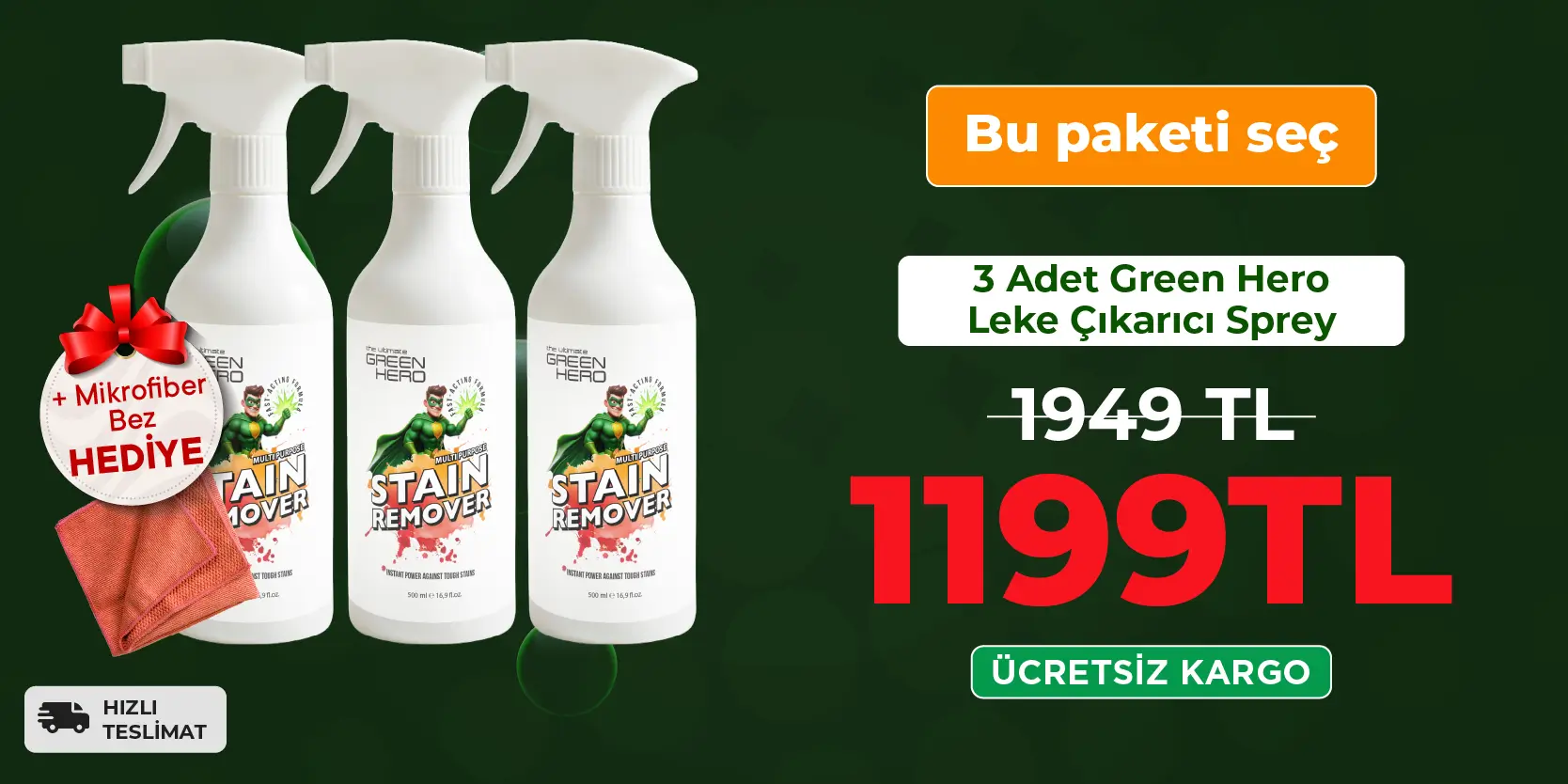 3 x Green Hero Leke Çıkarıcı + Mikrofiber Bez Hediye