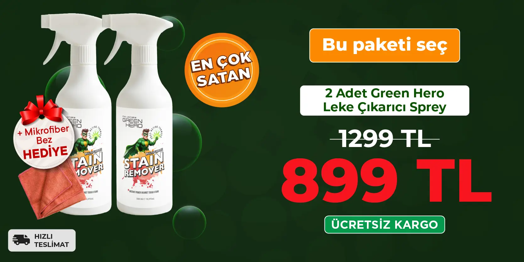 2 x Green Hero Leke Çıkarıcı + Mikrofiber Bez Hediye